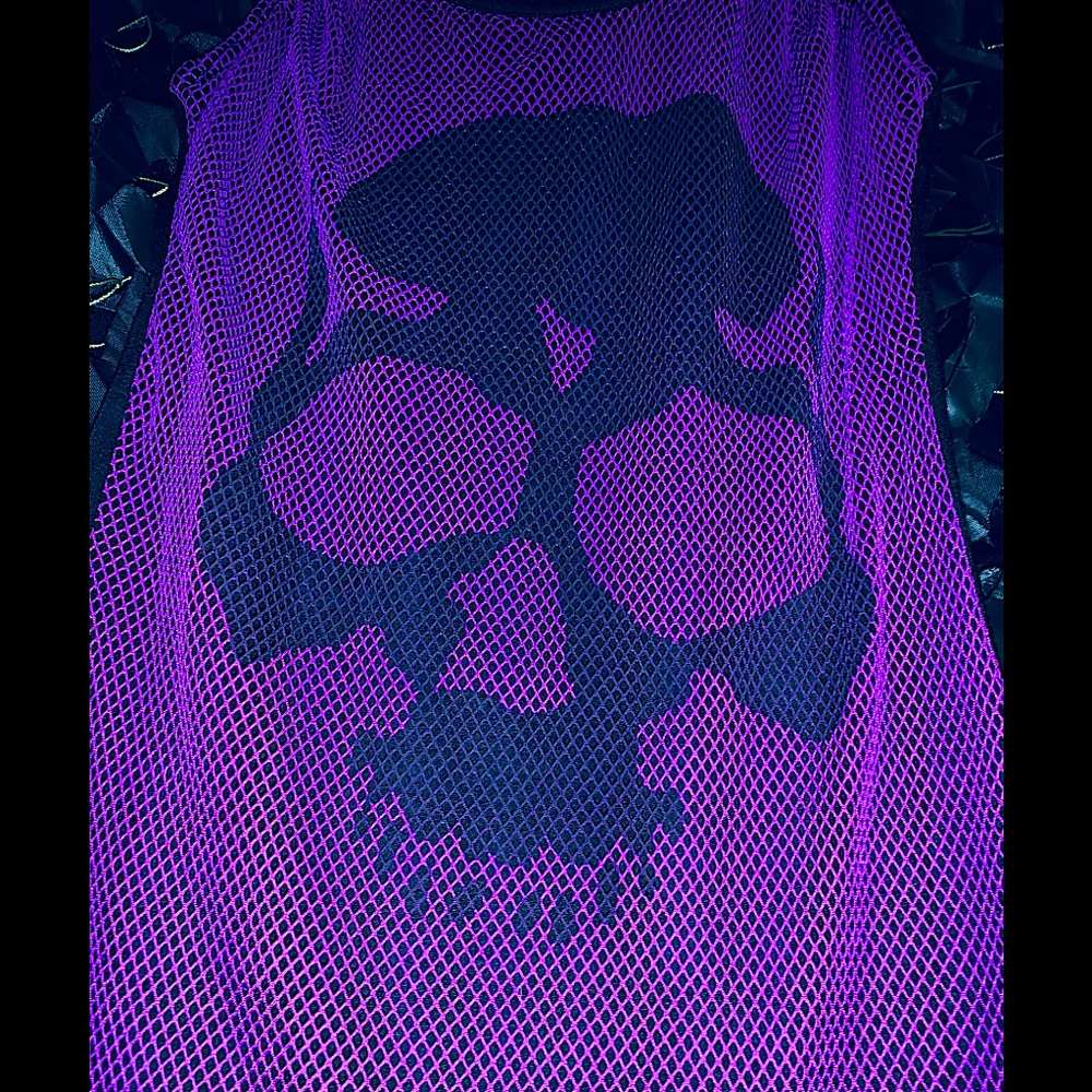 ⭐️SALE⭐️ 2005 Hot Topic Skully Purple Fishnet on Black Layered Mini Dress